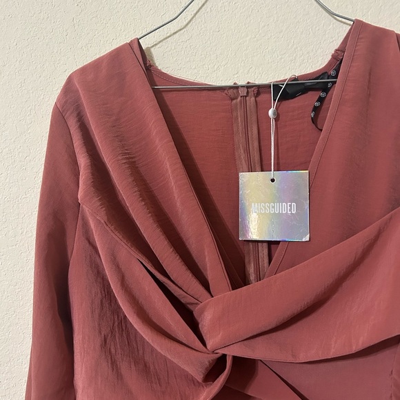NWT Missguided Long Sleeve Cross Over  Mini Dress Pink Rust Formal Party Sz 8 - Picture 3 of 11